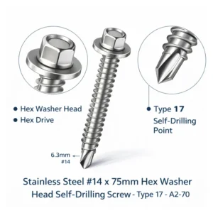Stainless steel 304 14x35mm hex washer head self drilling screw Type 17 A2-70 passivated