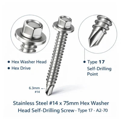Stainless Steel #14 × 35mm Type 17 Hex Washer Head Self-Drilling Screw Industrial Fastener
