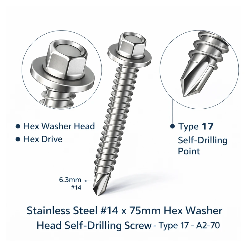 Stainless Steel #14 × 35mm Type 17 Hex Washer Head Self-Drilling Screw