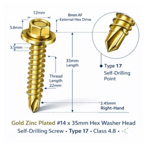Gold zinc plated 14x35mm hex washer head self drilling screw Type 17 Class 4.8 carbon steel technical drawing