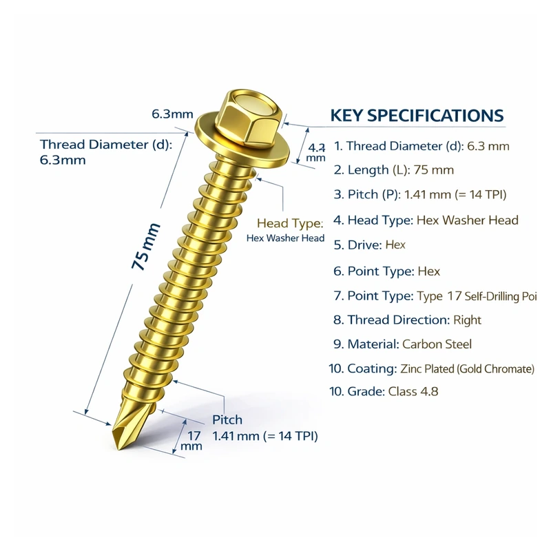 Stainless Steel #14 × 75mm Type 17 Hex Washer Head Self-Drilling Screw