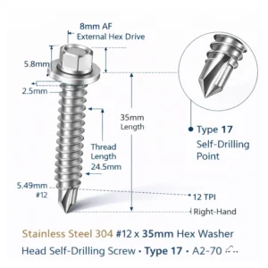 Galvanized 12x35mm Type 17 hex washer head self drilling screw Class 4.8 12 TPI hot dip zinc plated