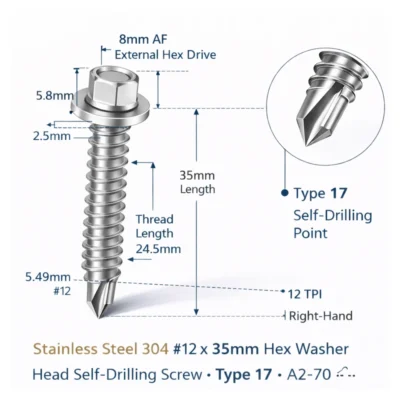 Galvanized #12 × 35mm Type 17 Hex Washer Head Self-Drilling Screw Industrial Fastener