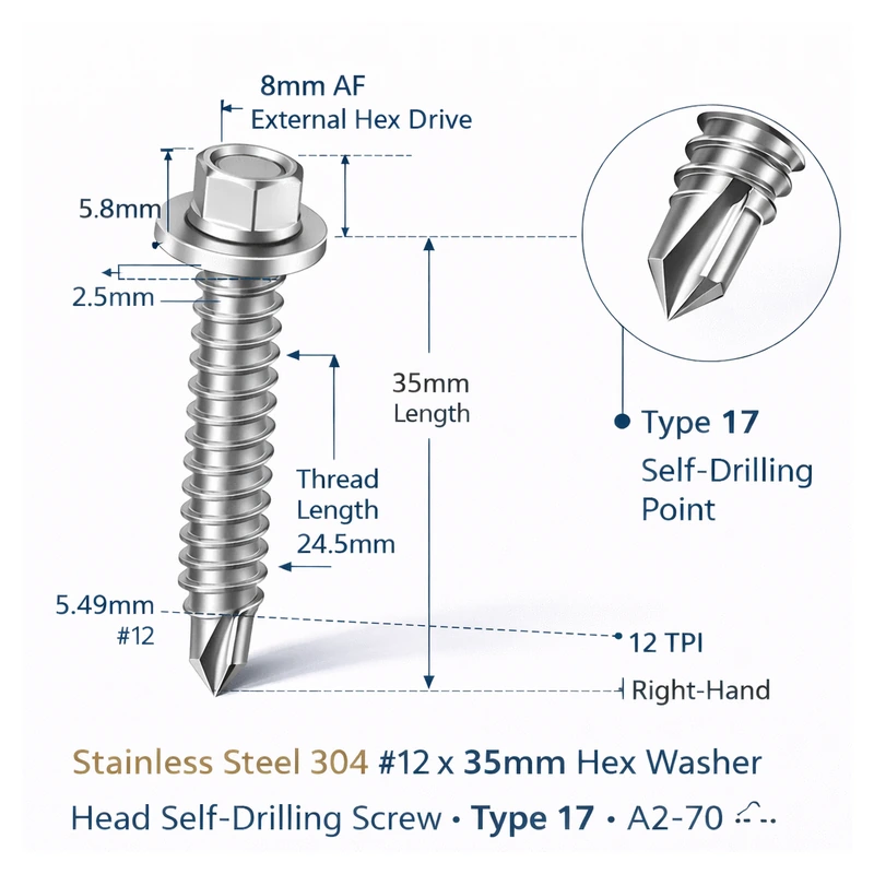 Galvanized #12 × 35mm Type 17 Hex Washer Head Self-Drilling Screw