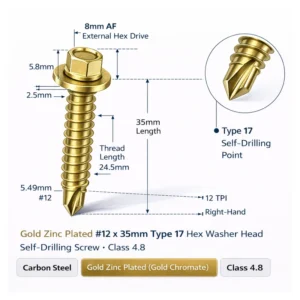 Gold zinc plated 12x35mm Type 17 hex washer head self drilling screw Class 4.8 carbon steel 12 TPI