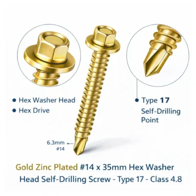 Gold Zinc Plated #14 × 35mm Type 17 Hex Washer Head Self-Drilling Screw Industrial Fastener