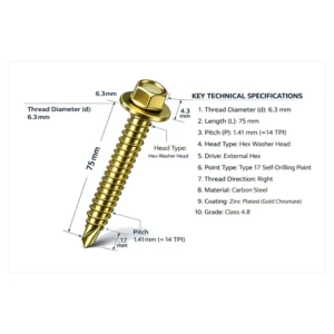 #14 x 75mm Type 17 self drilling screw hex washer head gold zinc plated 14 TPI