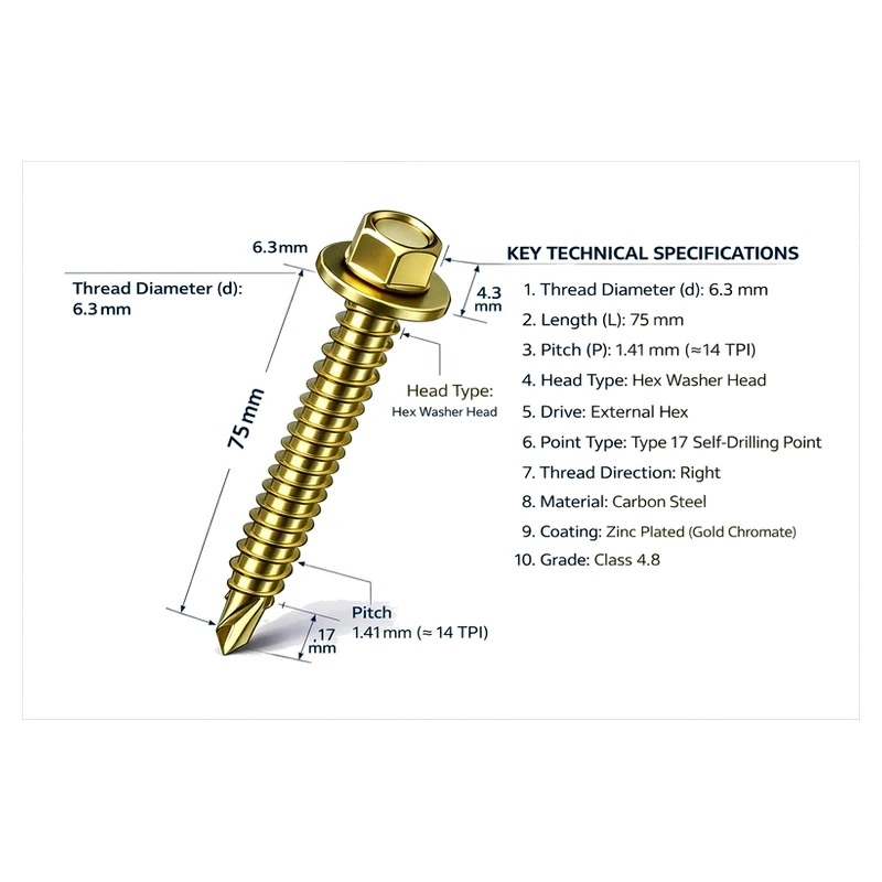 Gold Zinc Plated #14 × 75mm Type 17 Hex Washer Head Self-Drilling Screw (Loose)
