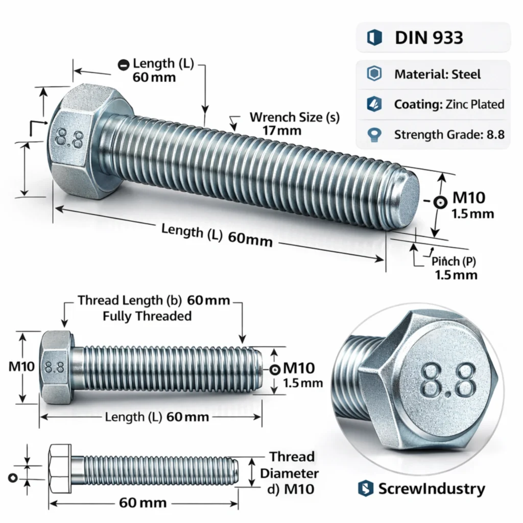 Hex Bolt DIN 933 M10x60 Zinc Plated
