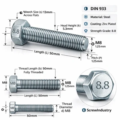 Hex Bolt DIN 933 M8x50 Zinc Plated - DIN 933 Industrial Fastener