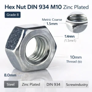 Hex Nut DIN 934 M10 zinc plated steel grade 8 metric coarse 1.5mm pitch 17mm across flats