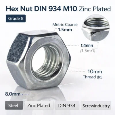 Hex Nut DIN 934 M10 Zinc Plated Industrial Fastener