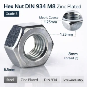 Hex Nut DIN 934 M8 zinc plated steel grade 8 metric coarse 1.25mm pitch 13mm across flats