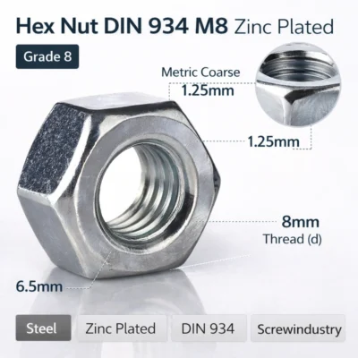 Hex Nut DIN 934 M8 Zinc Plated - DIN 934 Industrial Fastener