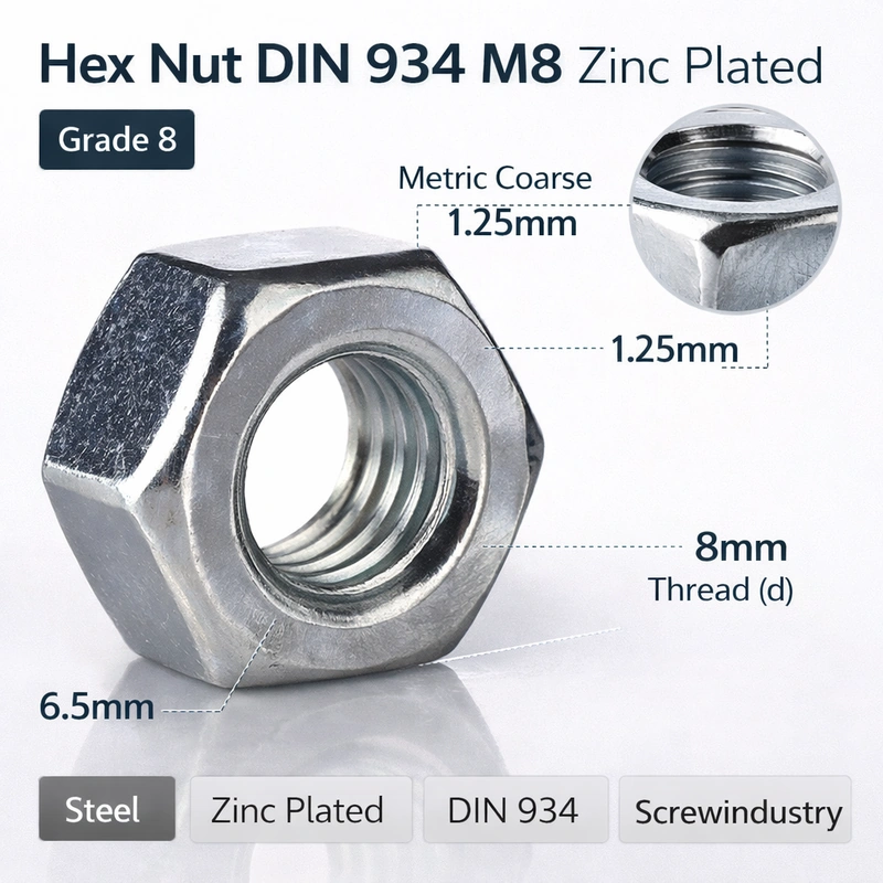 Hex Nut DIN 934 M8 Zinc Plated
