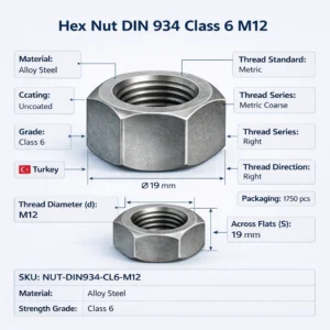 Hex nut DIN 934 M12 Class 6 alloy steel uncoated metric hexagon nut across flats 19 mm