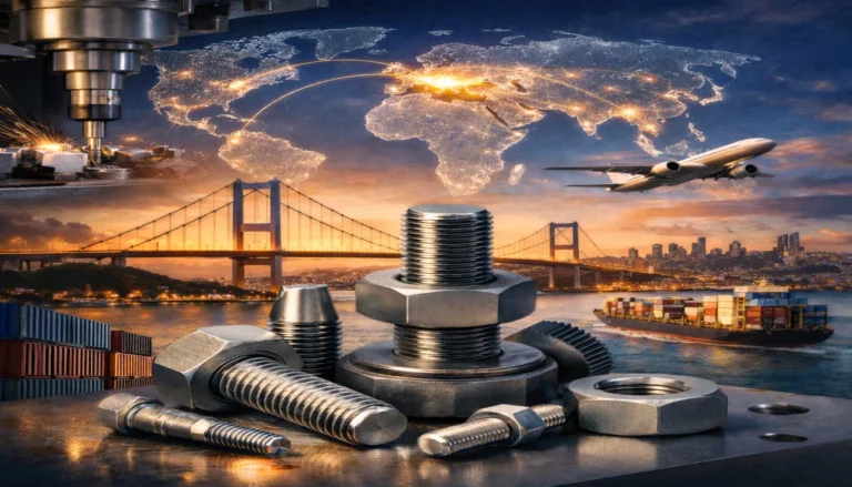 High strength industrial bolts and nuts with global logistics and manufacturing concept &mdash; fastener supplier T&uuml;rkiye