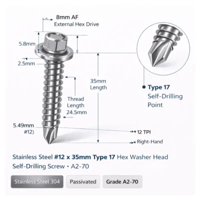 Stainless Steel #12 × 35mm Type 17 Hex Washer Head Self-Drilling Screw Industrial Fastener