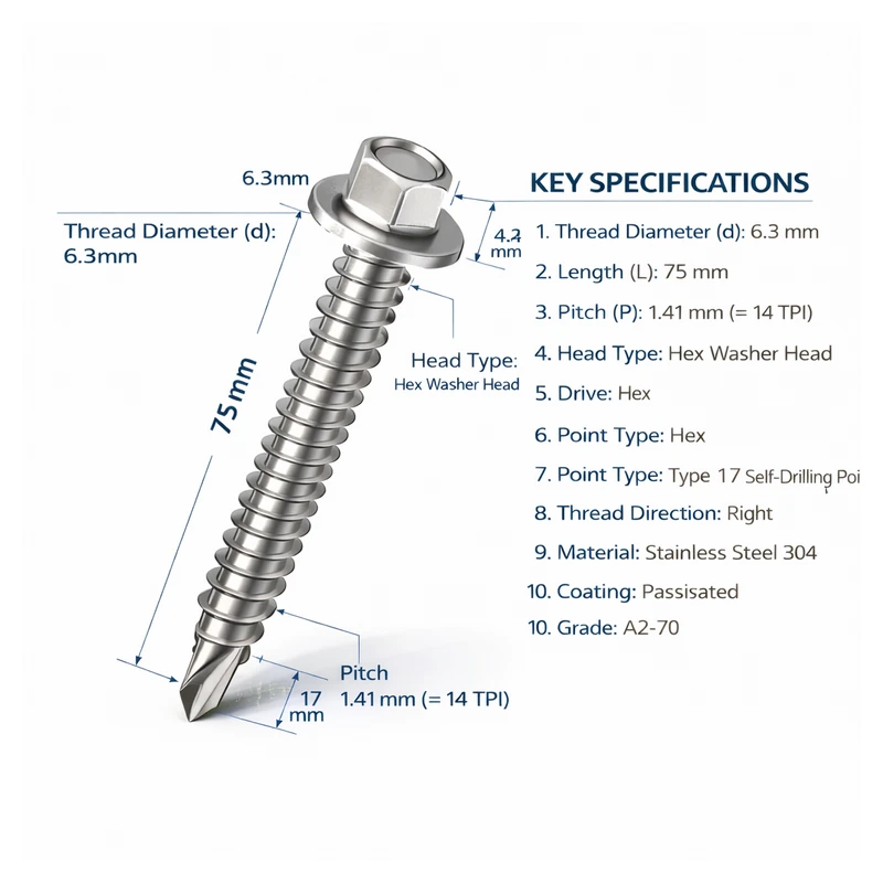 Gold Zinc Plated #14 × 75mm Type 17 Hex Washer Head Self-Drilling Screw