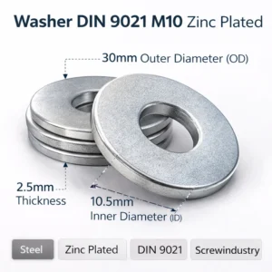 Washer DIN 9021 M10 zinc plated steel flat washer 30mm OD 10.5mm ID 2.5mm thickness realistic 3D render
